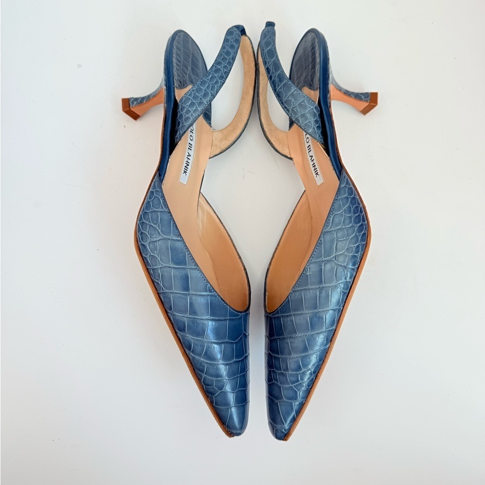 Manolo Blahnik Vintage Dark Blue Alligator Leather Carolyn slingback pumps EU 41 - Picture 4 of 9